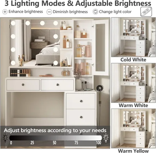 Miniatura 4 de Fameill Escritorio de maquillaje blanco con espejo y luces, mesa de tocador con tira de alimentación y espejo iluminado, mesa de maquillaje grande