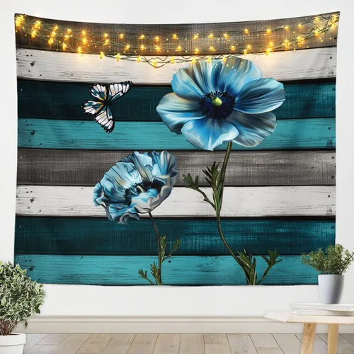 Miniatura 3 de Manfei Tapiz floral verde azulado, manta de pared con flores y mariposas, estilo rústico para colgar en la pared para niños y niñas, decoración