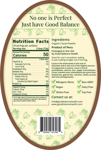 Miniatura 2 de Good Balance Health - Cacao en polvo orgánico Cacao en polvo crudo sin azúcar para hornear, batidos y chocolate caliente Superalimento a base