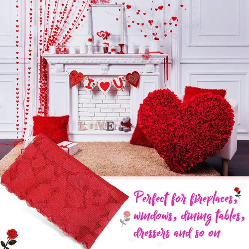 Miniatura 3 de Boao Camino de mesa de encaje con corazón de San Valentín bordado rojo corazón para decoración de mesa de boda, propuesta de velas, cena