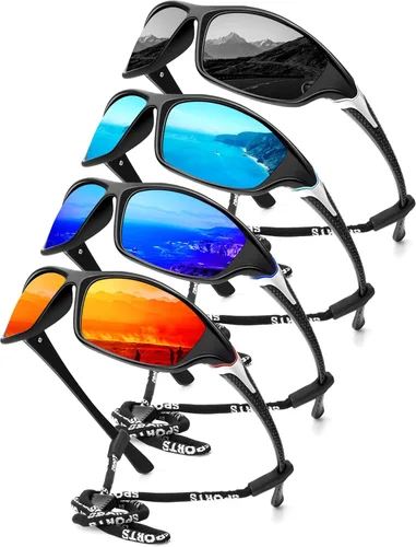 Miniatura 22 de KALIYADI 4 Pack Polarized Sunglasses-Men Sports Sun-glasses: Mens Sunglasses UV Protection for Fishing Driving Cycling A02-negro/azul hielo/rojo