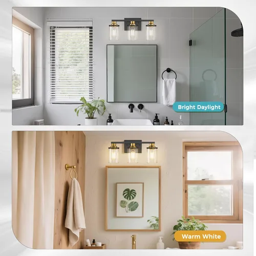Miniatura 4 de DORESshop Lámparas de baño, 3 luces negras y doradas para baño sobre espejo con pantalla de vidrio transparente, luces de tocador para baño, Negro