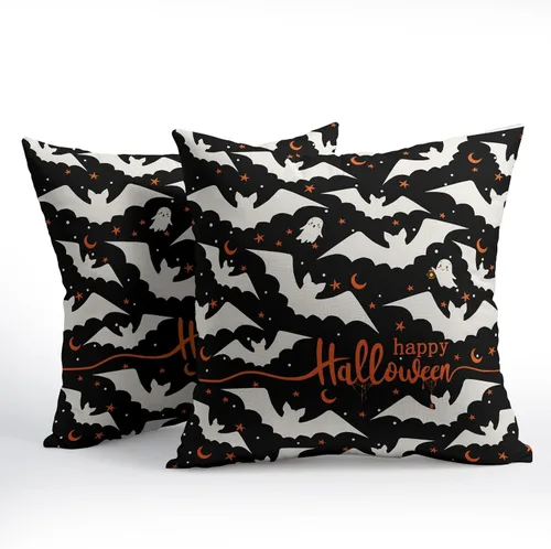 Miniatura 2 de Happy Halloween - Juego de 2 fundas de almohada decorativas de lino y algodón negro con diseño de murciélago blanco de 16 x 16 pulgadas, fundas