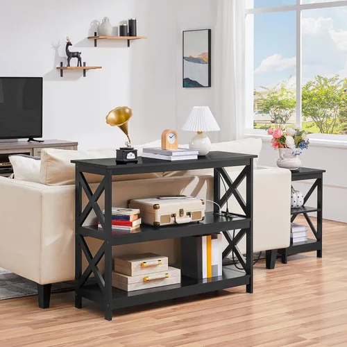 Miniatura 4 de Yaheetech Mesa de entrada con estantes de almacenamiento, mesa consola con tomas de corriente y puertos USB, mesas de sofá estrechas de madera