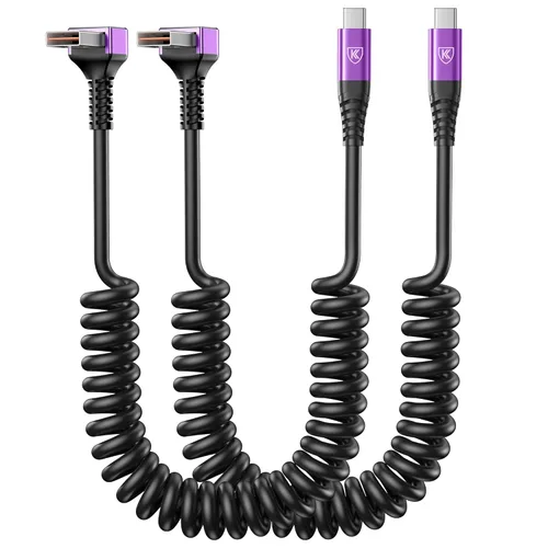 Miniatura 20 de Cable USB A a USB C de 90 grados, paquete de 2 cables USB tipo C en espiral de 3 pies para automóvil, cable de carga rápida USB-C compatible