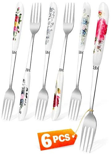 Juego de 6 tenedores de acero inoxidable – Juego de tenedores con diseño floral, mango de cerámica, utensilios de 8.3 pulgadas para servir la mesa,