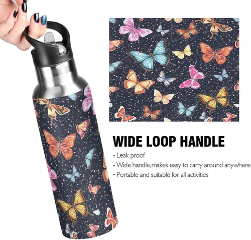 Miniatura 4 de Stainless Steel Water Bottle 20 Oz, Leakproof Water Bottles for Gym Outdoor Travel School, Colorful Butterflies Black