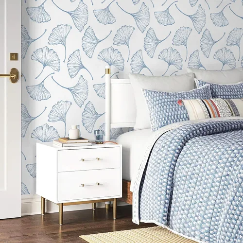 Miniatura 3 de CiCiwind Papel tapiz autoadhesivo para despegar y pegar, diseño moderno de hojas de ginkgo azul, papel de pared extraíble, grueso y texturizado