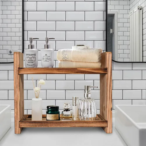 Miniatura 2 de Estante de especias de madera de 2 niveles, organizador de encimera para cocina y baño, estante de almacenamiento multiusos para cosméticos