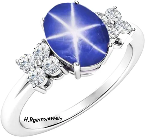 Miniatura 3 de Anillo ovalado de zafiro estrella, anillo de estrella Lindy azul, 6Rays, creado en laboratorio, anillo de aniversario de estrella azul, anillo