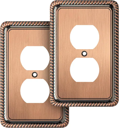 Henne Bery Placa Decorativa de Pared con Borde de Cuerda Placa de Interruptor Cubierta de Tomacorriente (Dúplex Individual, Paquete de 2, Cobre