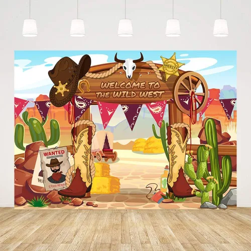 Miniatura 2 de MEHOFOND Telón de fondo de vaquero del oeste salvaje, tema de vaquero occidental colgante, remolinos de papel de aluminio, decoraciones de fiesta