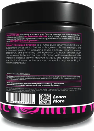 Miniatura 6 de Driven Nutrition Creatina, 17.64 oz – Polvo micronizado sin sabor, rendimiento físico y cognición – 0.18 oz por porción para reducir la fatiga