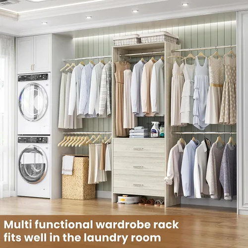 Miniatura 5 de Aheaplus Sistema de Armario, Organizador de Armario con 3 Cajones de Madera, Sistema Organizador de Armario, Armario Vestidor Walk-in con Perchero