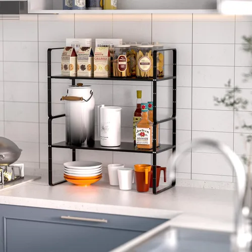 Miniatura 3 de Paquete de 2 organizadores de estantes de gabinete de cocina expandibles, estantes de almacenamiento de despensa de metal apilables, estante de Negro