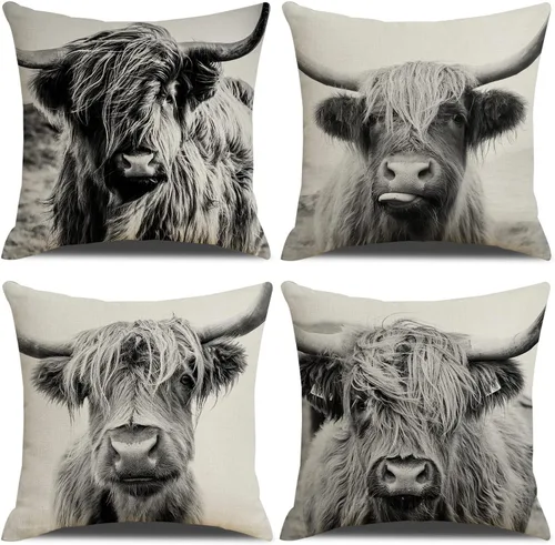 Juego de 4 fundas de almohada con estampado de vacas de las Tierras Altas, suaves fundas de almohadón decorativas de lino rústico, fundas de