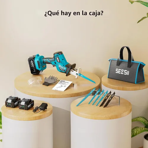 Miniatura 8 de SEESII Sierra de vaivén inalámbrica, motor sin escobillas de velocidad variable de 3500 RPM con 8 hojas de sierra, 2 baterías de 4.0Ah, luz LED