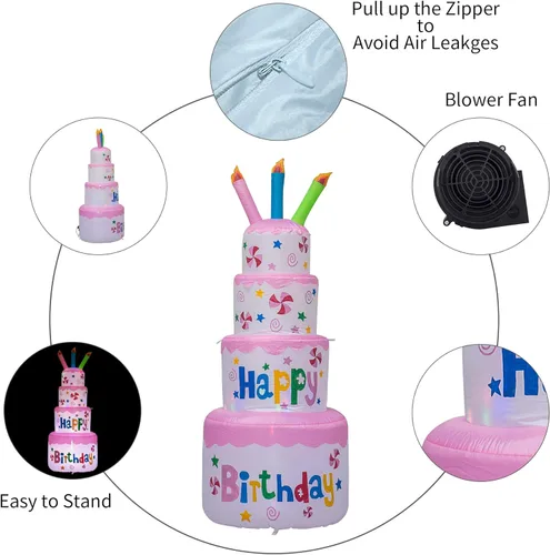 Miniatura 6 de AJY Pastel inflable de feliz cumpleaños de 6 pies con vela, decoración de césped para interiores y exteriores