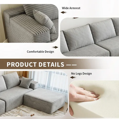 Miniatura 9 de Sofá seccional modular de 139.4 pulgadas, sofás minimalistas en forma de U de gran tamaño con 2 otomanas chaise y 2 asientos centrales, juego Gris