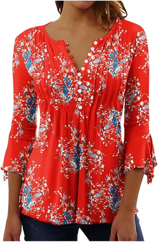 Miniatura 18 de Ceboyel Blusa tipo túnica con estampado floral para mujer, con botones, estilo Henley, con manga de codo, casual, trajes de moda para mujer