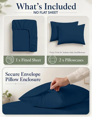 Miniatura 4 de LANE LINEN Juego de sábana bajera y funda de almohada 100% algodón orgánico en tamaño individual, azul marino, con tejido de percal de algodón