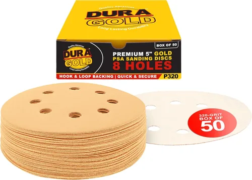 Miniatura 14 de Dura-Gold Discos de papel de lija premium de grano 220 de 5 pulgadas, patrón de 8 agujeros, sin polvo, 50 discos, soporte de gancho y bucle