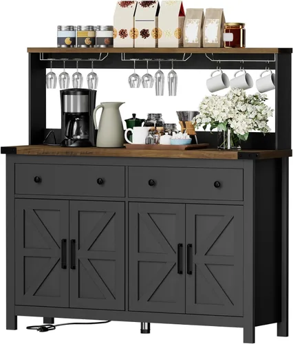 Miniatura 8 de VVFLU 55" Modern Farmhouse Buffet Cabinet with Storage, Coffee Bar Cabinet with 2 Drawers and 4 Barn Doors, Sideboard Storage Cabinet for Kitchen