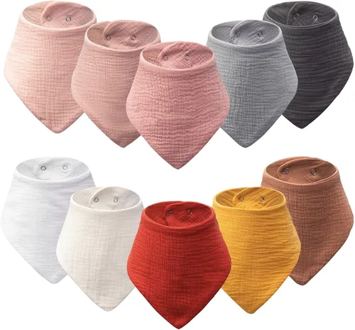 Miniatura 9 de Paquete de 10 baberos tipo bandana para bebé, baberos 100% algodón para niños y niñas, babero suave y absorbente para dentición para recién nacidos
