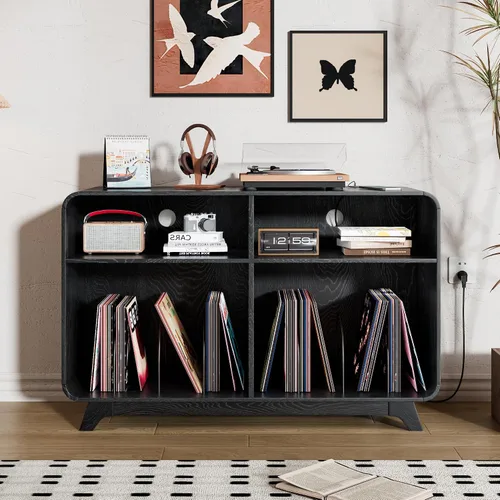 Miniatura 10 de Soporte para tocadiscos con armario de almacenamiento de vinilo con estación de carga y puertos USB, mesa giratoria con capacidad para hasta 350