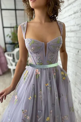 Miniatura 5 de Basgute Vestido de fiesta de tul con bordado de flores para mujer, corsé, largo, con tirantes delgados, de hadas, fruncido, formal, vestido de fiesta