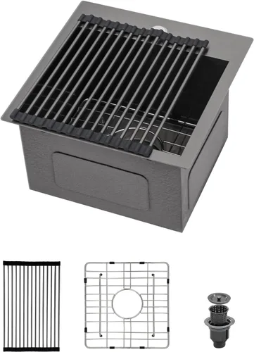Miniatura 20 de Logmey Fregadero de cocina negro 33x22 empotrable, estación de trabajo de fregadero de cocina, SUS304 calibre 16 acero inoxidable, tazón individual