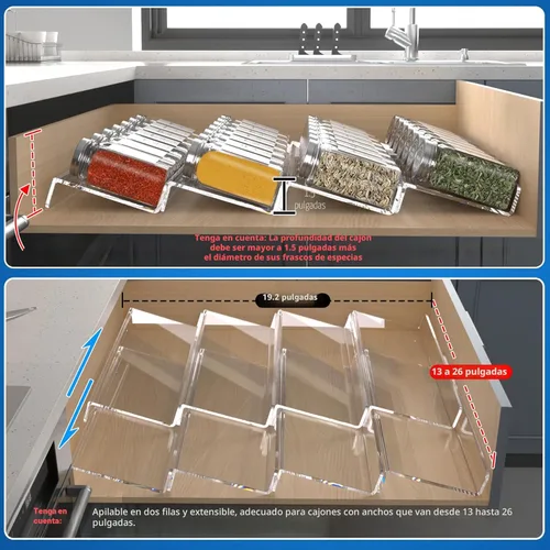 Miniatura 3 de MIUKAA Organizador de cajones de especias de acrílico transparente, 4 niveles, 2 juegos ampliables de 13 a 26 pulgadas, organizador de condimentos
