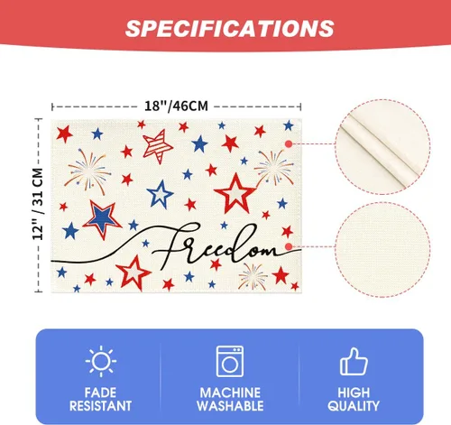 Miniatura 6 de Artoid Mode Juego de 4 manteles individuales Patriotic Freedom Stars del 4 de julio para mesa de comedor, 12 x 18 pulgadas, decoración del Día