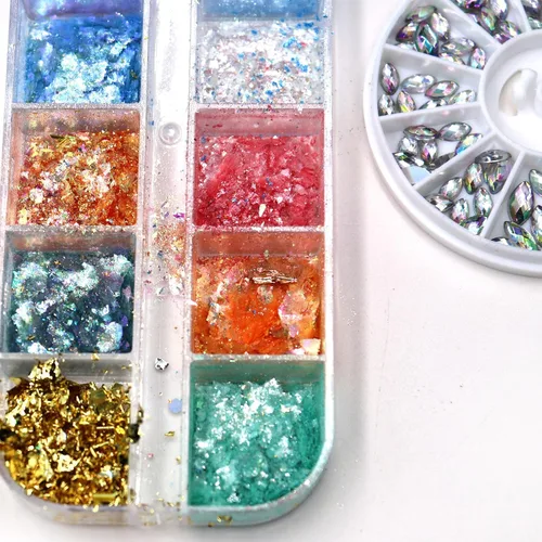 Miniatura 5 de Brillantina holográfica para uñas, 12 rejillas, ópalo con purpurina en polvo, dijes de uñas, piedras de sirena, lentejuelas iridiscentes, escamas