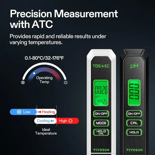 Miniatura 4 de VIVOSUN Kits de medidor digital de pH y TDS, 0.01 pH de alta precisión tipo bolígrafo, medidor de pH con ± 2 % de precisión de lectura, 3 en 1
