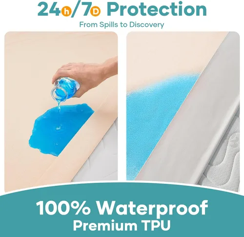 Miniatura 2 de OhGeni Protector de colchón 100% impermeable, tamaño Queen Beige, sábana bajera con bolsillos profundos, 6''-18'', material suave transpirable sin