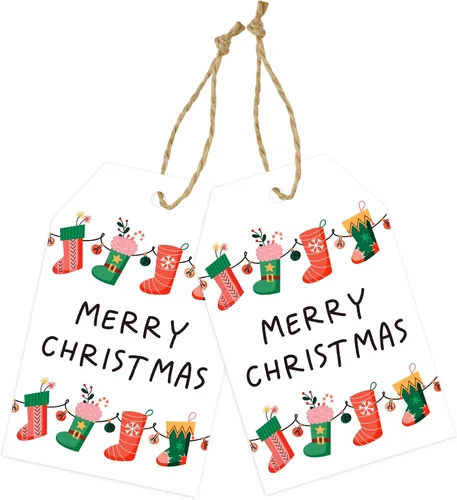 joycraft 50 etiquetas de Feliz Navidad con cuerda - 3.3 x 2.1 pulgadas etiquetas blancas de papel con calcetín navideño, etiquetas colgantes