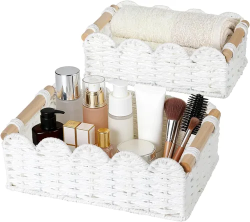 Miniatura 10 de Graciadeco Cesta de mimbre festoneada, cestas de almacenamiento de cuerda de papel natural con asas, organizador tejido a mano, cestas de Blanco