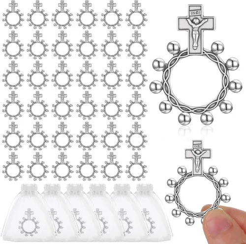 Miniatura 7 de Juego de 40 anillos de rosario de dedo de metal plateado a granel, rosarios de bolsillo para dedos, rosarios de bolsillo pequeño, cruz de bolsillo