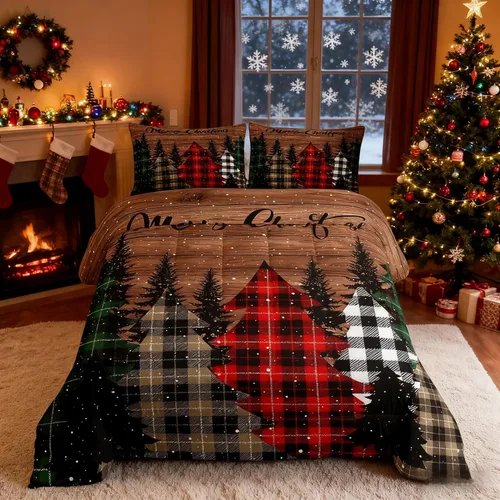 Miniatura 37 de Juego de edredón de Feliz Navidad para niños, tamaño twin, juego de ropa de cama de camión rojo árboles de pino copos de nieve, decoración