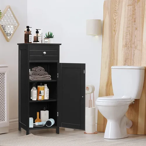 Miniatura 2 de HAPPYGRILL Armario de piso de baño, organizador de armario de almacenamiento de piso de una sola puerta con cajón y estantes ajustables de 3