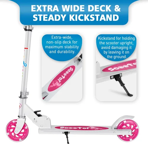 Miniatura 5 de BELEEV V1 Patinetas para niños, patineta plegable de 2 ruedas para niños y niñas, 3 alturas ajustables, ruedas iluminadas, patineta ligera con Rosa