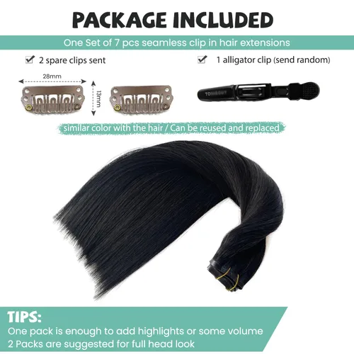 Miniatura 7 de Extensiones de cabello con clip sin costuras de cabello humano real, extensiones de cabello natural negro real con clip 7 piezas 100 g 36 cm