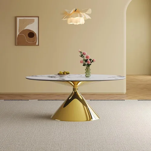 Miniatura 10 de Mesa de comedor redonda, mesa de comedor de piedra sinterizada blanca, base moderna de acero inoxidable sólido