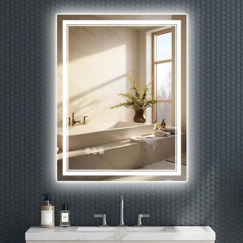 Miniatura 12 de Espejo de baño LED sin marco de 24 x 32 pulgadas, frontal y retroiluminado, vidrio templado inastillable, antivaho, 3 colores, regulable, memoria