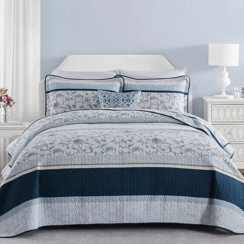 Miniatura 12 de Juego de cama tamaño queen con colcha gris y blanca, diseño floral vintage de granja, fundas a juego, 3 piezas, 100% algodón, colcha ligera