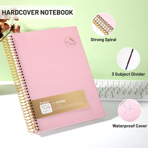 Miniatura 5 de FLYING EAGLE Cuaderno de 3 materias en espiral grande de 8.5 x 11 pulgadas, color rosa para mujeres y hombres, papel grueso de 100 GSM, 104 hojas