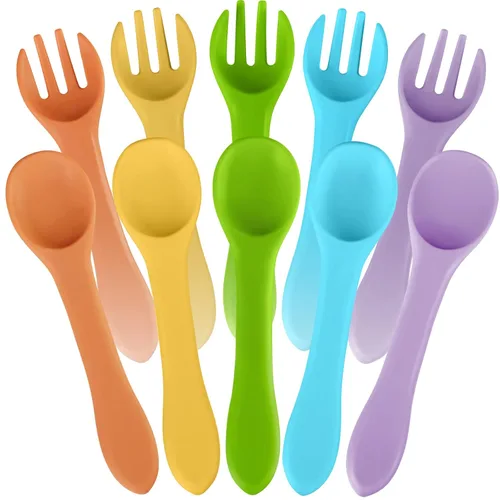 Miniatura 8 de Juego de 10 cucharas de destete y tenedores LED para bebés, cucharas de silicona para bebés, primeros utensilios de entrenamiento para bebés