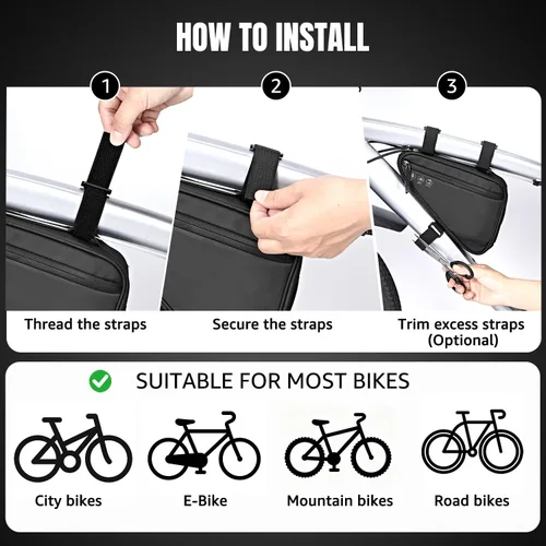Miniatura 5 de Bolsa de almacenamiento para cuadro de bicicleta WOTOW, bolsa triangular reflectante resistente al agua con dos bolsillos laterales, bolsa