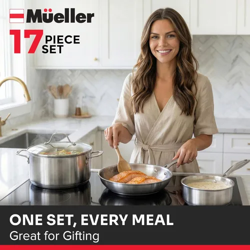 Miniatura 9 de Mueller Juego de ollas y sartenes de 17 piezas, Ultra-Clad Pro Juego de utensilios de cocina de acero inoxidable, mango ergonómico EverCool, Plateado